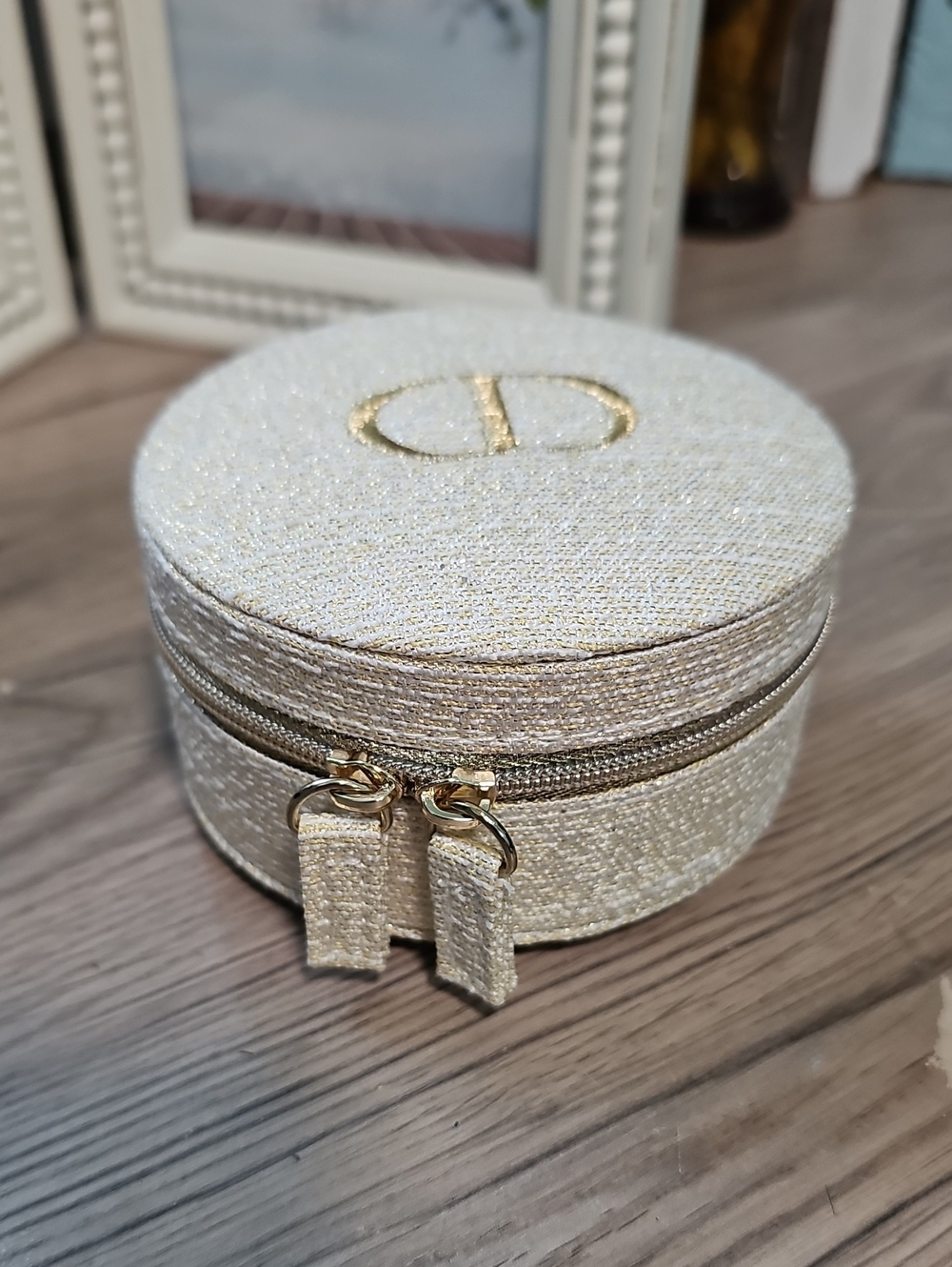 Christian Dior Round Cream And Gold Jewelry Case with Gold Accents